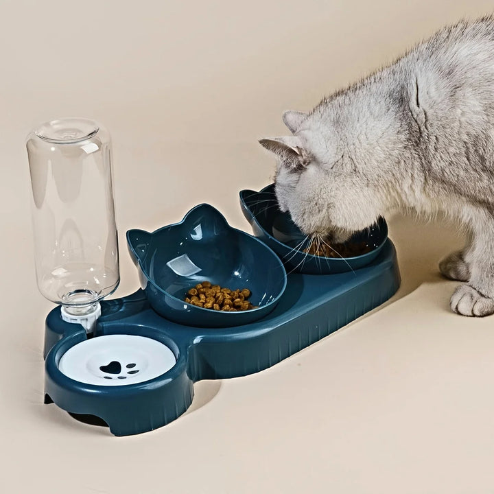 3-in-1 Tilted Cat Bowl Set with Gravity Water Feeder