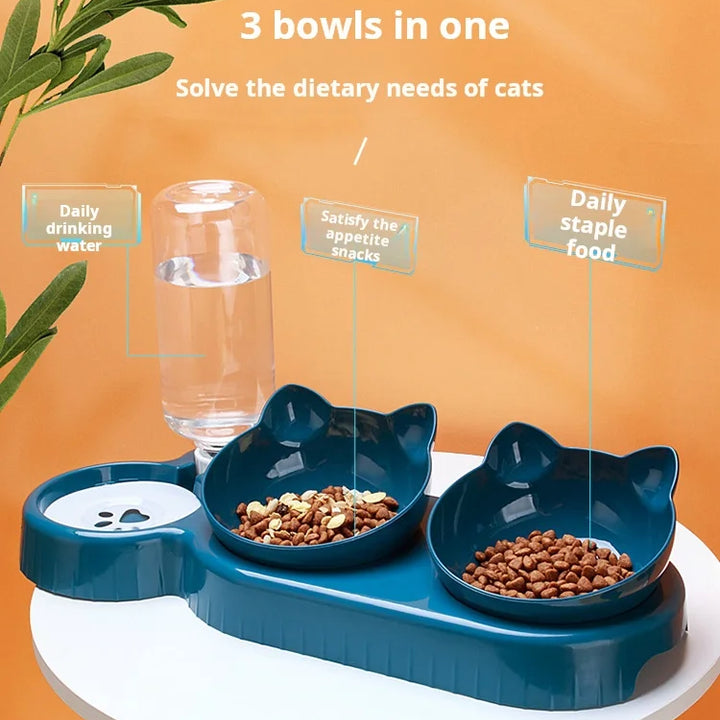3-in-1 Tilted Cat Bowl Set with Gravity Water Feeder